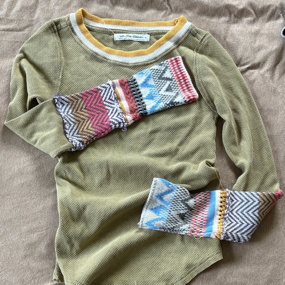 We The Free Olive Knit Top with Patterned Cuffs